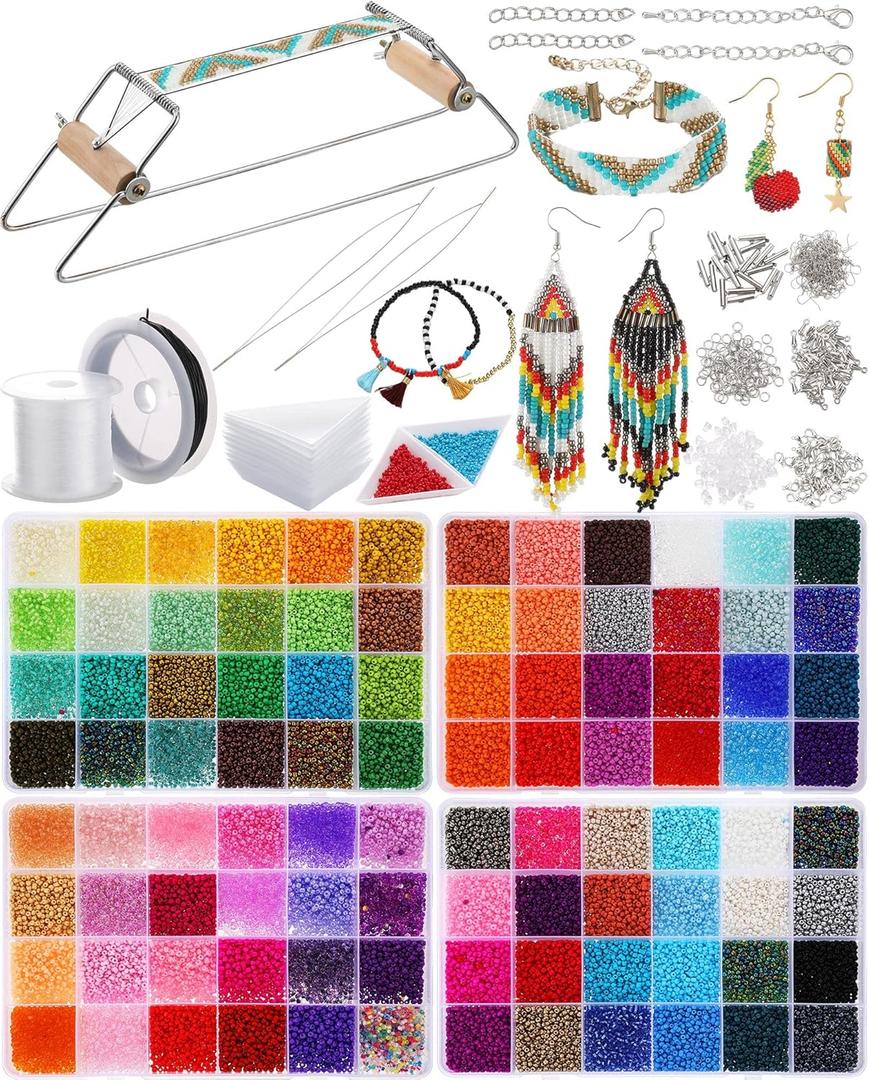 Jexine Bead Loom Kit for Adults 48000 Pcs Beading Loom Supplies with 96 Color 2 mm Glass Seed Bead Bracelets Valentine's Day Gifts Jewelry Earring Making Tools Gifts for Women DIY Craft