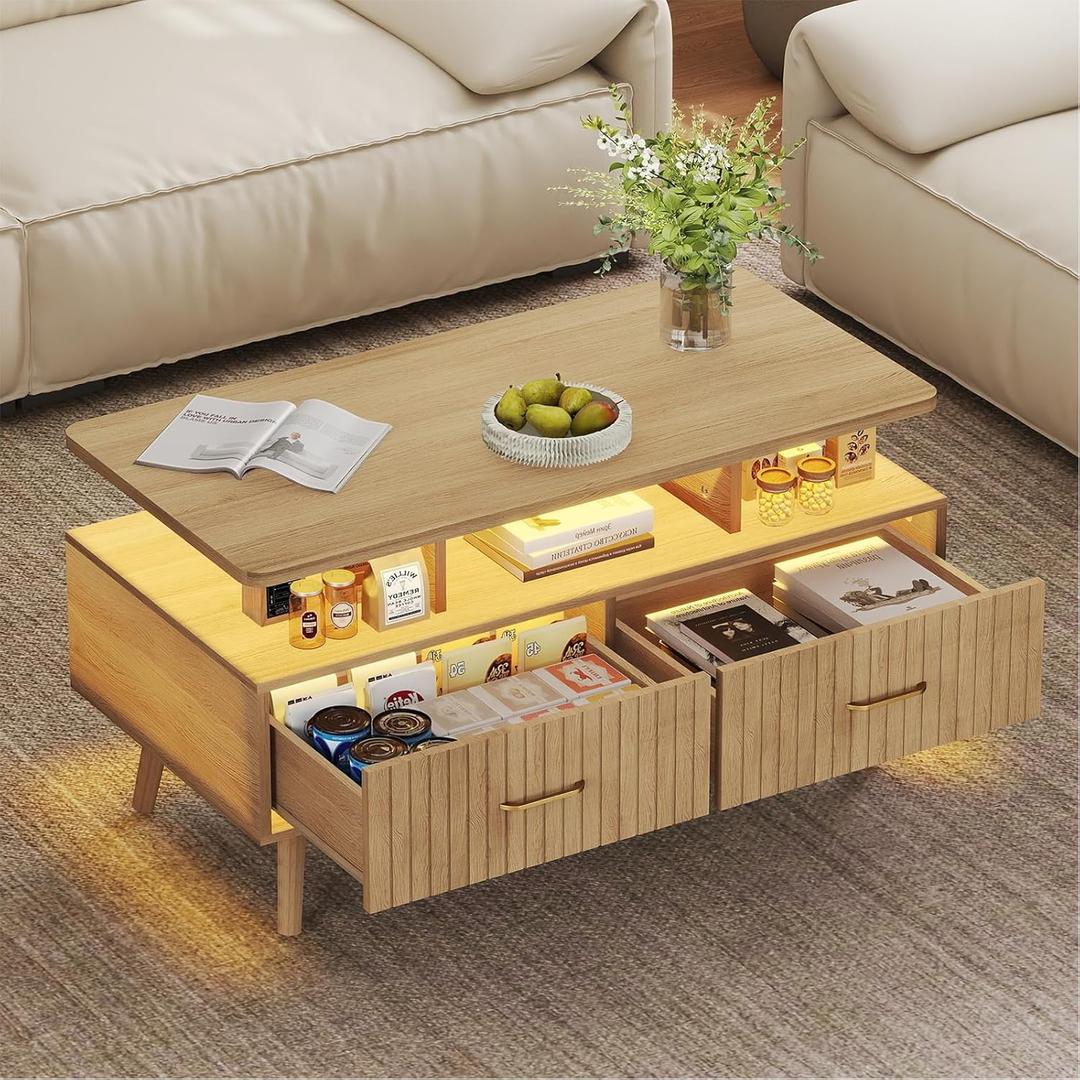 YOSHOOT 37" LED Coffee Table with Storage 2 Drawers - Small Coffee Tables for Living Room Bedroom, Smart Wood Center Table with Open Display Shelf, Nature