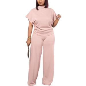 PINSV Lounge Sets For Women Casual 2 Piece Outfits Baggy Short Sleeve Top And Flare Pants Tracksuits (Large, Ug-pink)