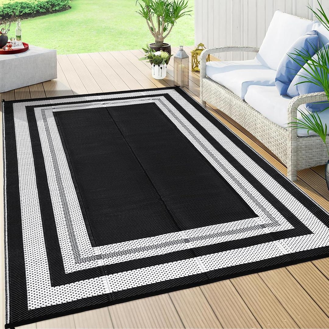 COZYLOOM 8x10 Outdoor Rug Waterproof Reversible Plastic Straw Rug for Patios Modern Area Rug for Outdoors Backyard Porch Balcony RV Deck Picnic Camping Beach Trailer Black White Panel