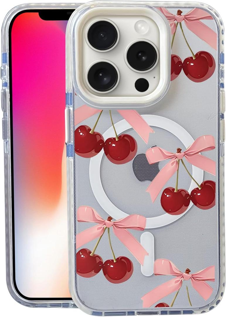 Bow Cherry for iPhone 13 Pro Case, MagSafe Compatible,Matte Soft Slim Shockproof Cover,Anti-Fingerprint,Anti-Yellowing,Anti-Scratch Back,Magnetic Phone Case for Women,Girl,Cute,Girly,Clear