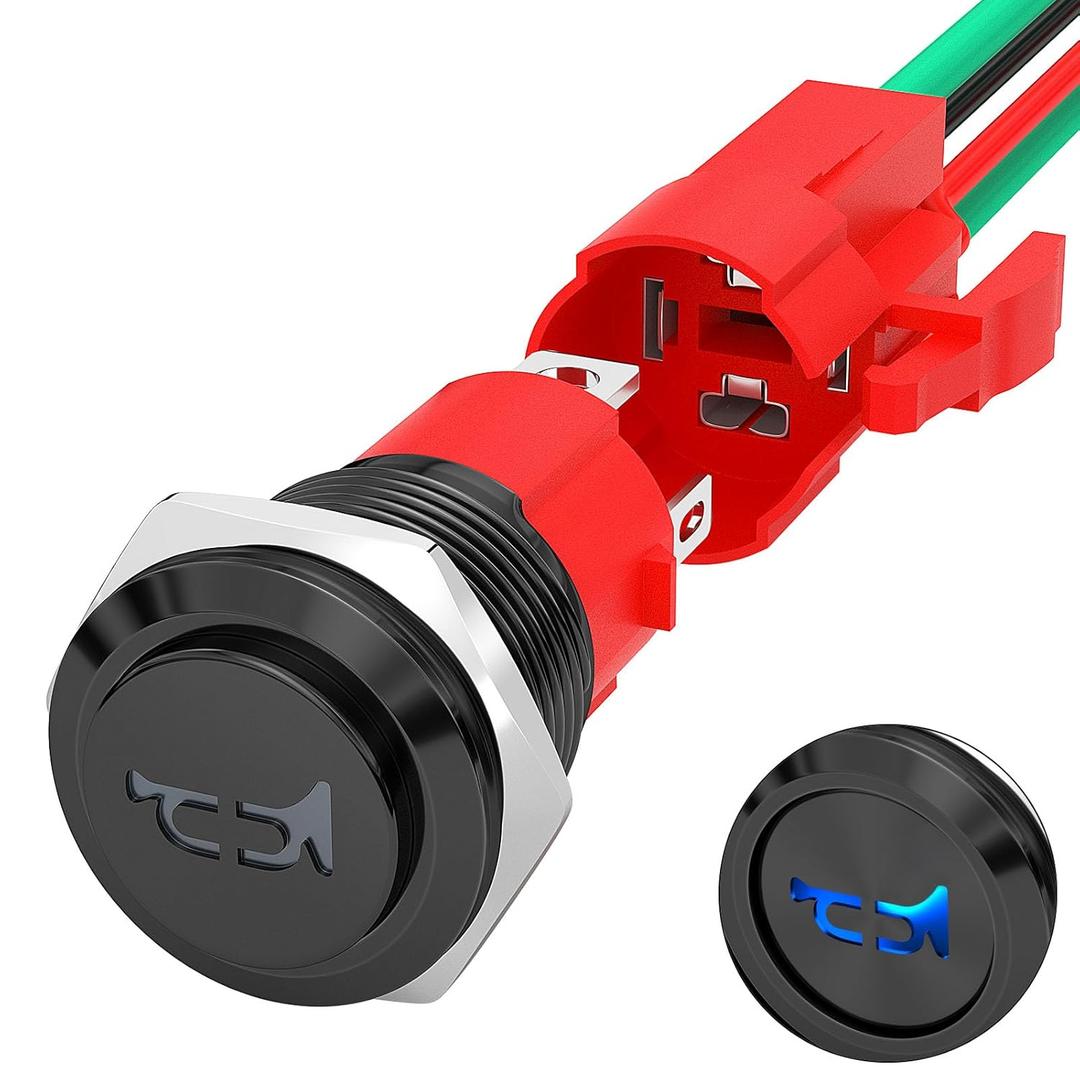 Joinfworld Horn Button Switch 12V 20A Heavy Duty 16MM Metal Speaker Horn Momentary Push Button Blue LED Stainless Steel Switch with Pre-Wired for Marine Boat Auto Air Train (Black)