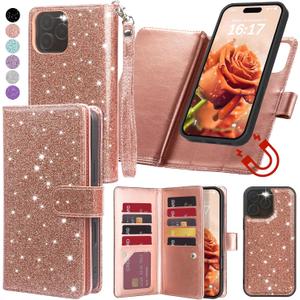 Varikke for iPhone 16 Pro Max Wallet Case Detachable with Card Holder for Women, Fashion Glitter PU Leather Strap Magnetic Flip Wallet Removable Phone Case Cover for iPhone 16 Pro Max 6.9", Rose Gold
