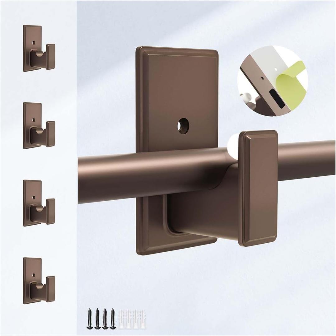 No Drilling Curtain Rod Brackets:Self Adhesive Curtain Rod Holders for Rod 5/8" No Nail,Easy Peel and Stick Curtain Rod Hooks No Drill for Bathroom, Livingroom, Kitchen,Dorm,Door(Bronze,4PCS)
