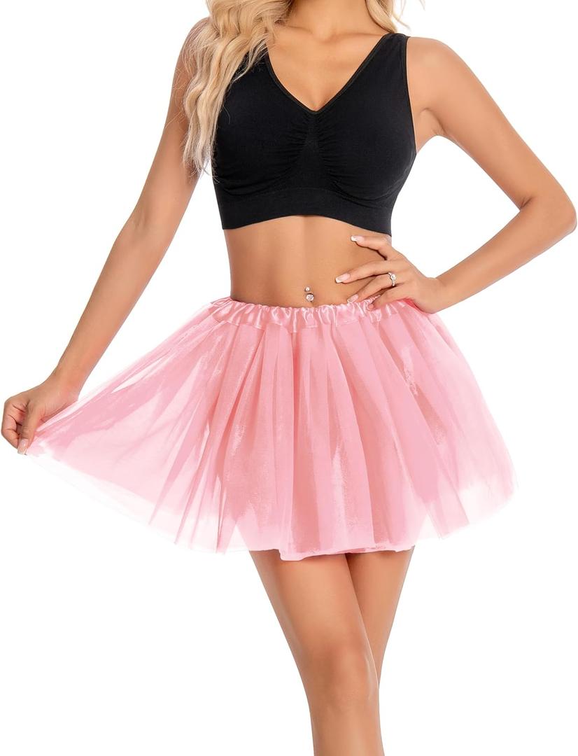 Tutu for Women Adults, 4 Layered Tulle Skirts, Halloween Running Ballet Dance Party Costume Dress (Light Pink)