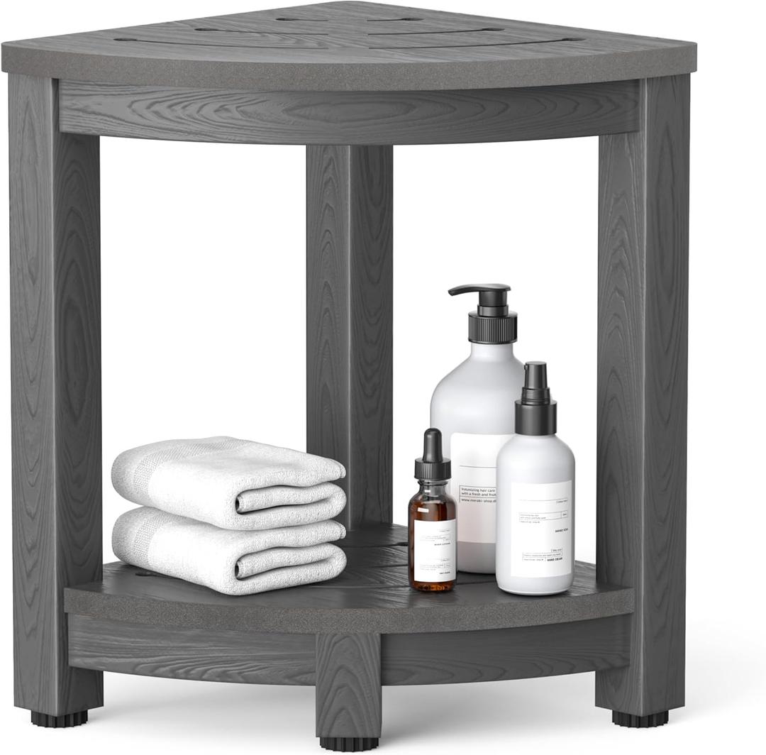 Y&M Corner Shower Stool for Inside Shower, Waterproof Shower Caddies for Shaving Legs, 2-Tier Bath Bench with Storage Shelf for Bathroom, Living Room, Indoor or Outdoor Use, Grey