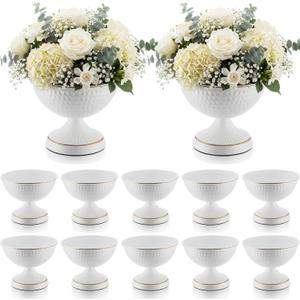 12 Pcs White Urn Vases for Centerpieces 6 Inch Hammered Compote Bowl Vases Set for Wedding Vintage Metal Vase Table Decoration with Anti-Slip Mat for Christmas Anniversary Party