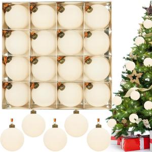 3.15" Cream White Velvet Christmas Ball Ornaments Set, 16 pcs Flocked Beige Xmas Tree Decoration, Large Shatterproof Decorative Hanging Balls for Party Holiday Wreath Garland Home Dcor