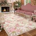 Lahome Floral Washable Rugs 9x12, Large Area Rugs 9x12 Living Room,Soft Non-Slip Thin Vintage Boho Bedroom Carpet for Dining Room Playroom Nursery Farmhouse, Nina Beige/Pink/Multi