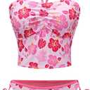 ZAFUL Cute Tankini Y2k Swimsuit for Women Trendy Side Tie 2 Piece Bikini Set Halter Ruched Bathing Suit Retro Strapless Top (Small, Pink Floral)