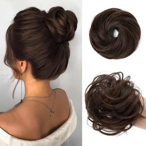 CJL HAIR 2PCs Small Cute Messy Bun Hair Piece for Thin Hair Women Mini Synthetic Curly Bun Scrunchies Updo Hairpieces Dark Chocolate