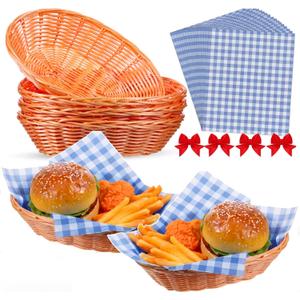 Reallnaive Wicker Food Baskets With Liners Bread Basket Waxed Deli Paper Red Bow Decoration Woven Gift Basket Food Container Liners R for Picnics, Kitchen, Easter, Bread, Fruits,Vegetables