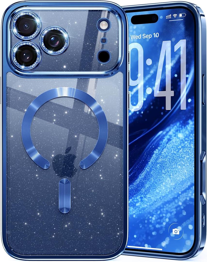 Glitter for iPhone 17 Pro Max Case with Eye-catching Integrated Lens Protection, [Seamless Work with Magsafe] [Sparkly Bling Back Panel] Cute Women Girly Magnetic Case for iPhone 17 Pro Max 6.9" Blue