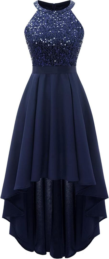 Dressystar Women's Sequin Halter Cocktail Prom Dresses Hi-Lo Sparkly Glitter Homecoming Bridesmaid Wedding Guest Dress