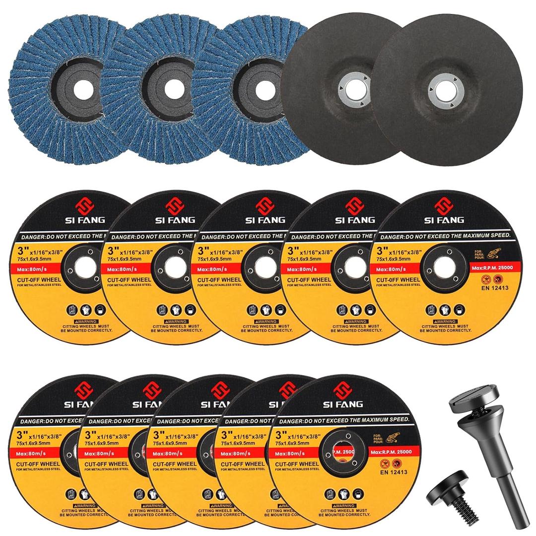 SI FANG 16Pcs 3 inch Cut-Off Wheel Grinding Wheel Flap Discs Kit with 3/8" Arbor 1/4" Stem Mounting Mandrel Die Grinder Accessories Drill Attachment, Metal Stainless Steel Wood Cutting and Grinding