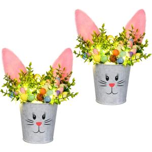 KC&KST 2 Pcs Easter Decorations Indoor Artificial Flower with Bunny Ear, Lighted Bunny Desk Decor with Color Eggs, Perfect Table Decorations for Home & Spring Party Centerpieces(Easter Bunny Flower)
