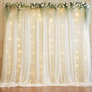 10ft x 10ft Beige Chiffon Backdrop Curtain with Lights String for Parties,2 Panels Sheer Chiffon Curtain Wedding Backdrop with Lights for Baby Shower Birthday Party Ceremony Reception Home Decorations