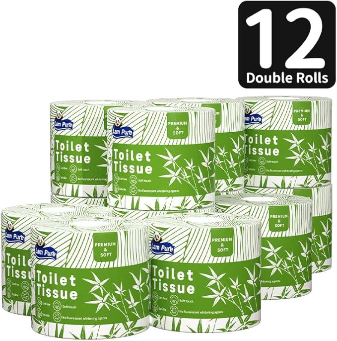 bamboo toilet paper 12 Double Rolls & 360 Sheets Per Roll Sustainable Toilet Tissue 3-Ply toilet paper bulk Septic Safe Plastic Free