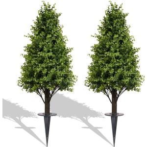 36" Faux Boxwood Plants Outdoor Set of 2, UV Resistant Artificial Topiary Trees with Ground Spike, 3ft Fake Evergreen Bushes & Shrubs for Outside Planters Front Door Porch Patio Decor