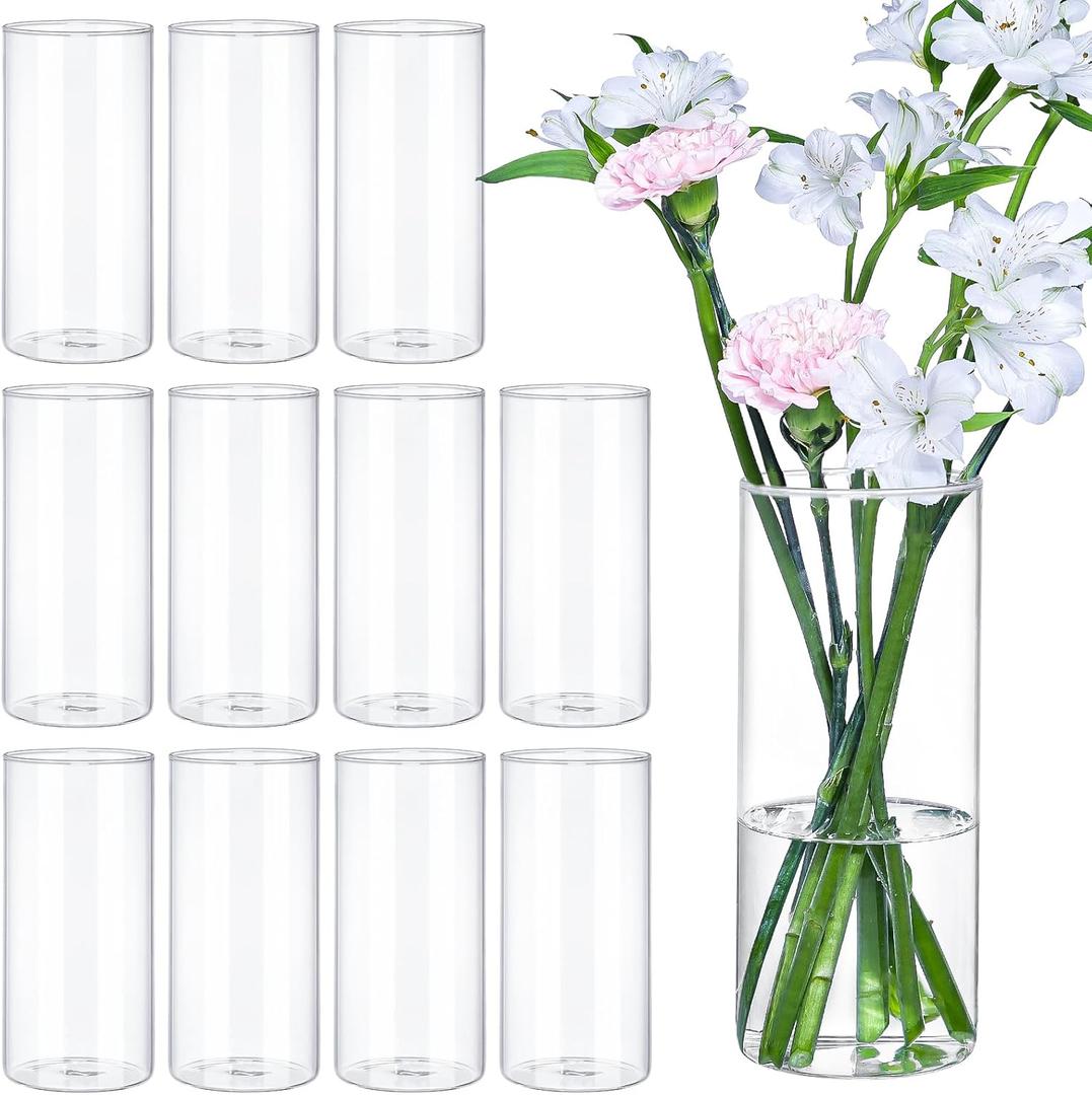 TBWIND 12Pcs Glass Cylinder Vases 8 Inch Tall Clear Flower Vases for Centerpieces Wedding Decoration, Hurricane Floating Candle Holder for Party Table Home Decor
