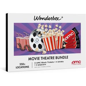 WONDERBOX  AMC Movie Theatres Bundle - 4 Black Tickets + 4 Drinks + 2 Popcorn  Original Gift Idea - Experience Gift - 550 Locations in The US