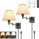 TRLIFE Wall Sconce with Remote Control, Dimming 10%-100% and Adjustable Color Temperature 2700K-6500K Swing Arm Wall Lights with Plug in Cord, 9.4" Medium Beige Fabric Shade(2 Pack, 2 Bulbs Included)