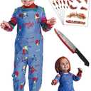 Halloween Chucky Costume for Kids Toddler Jumpsuit Long Sleeve Rainbow Shirt Scar Tattoos Prop Knife - XS Size
