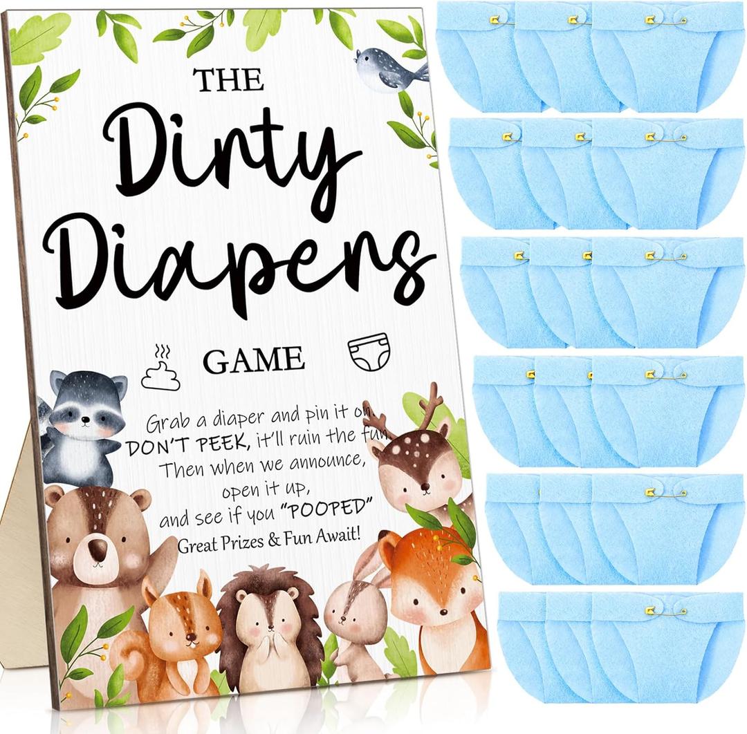Roowest 51 Pcs Dirty Diaper Baby Shower Games Funny Wooden Sign with 50 Pcs Mini Diapers Cute Felt for Gender Reveal Party Baby Shower(Woodland Animals)