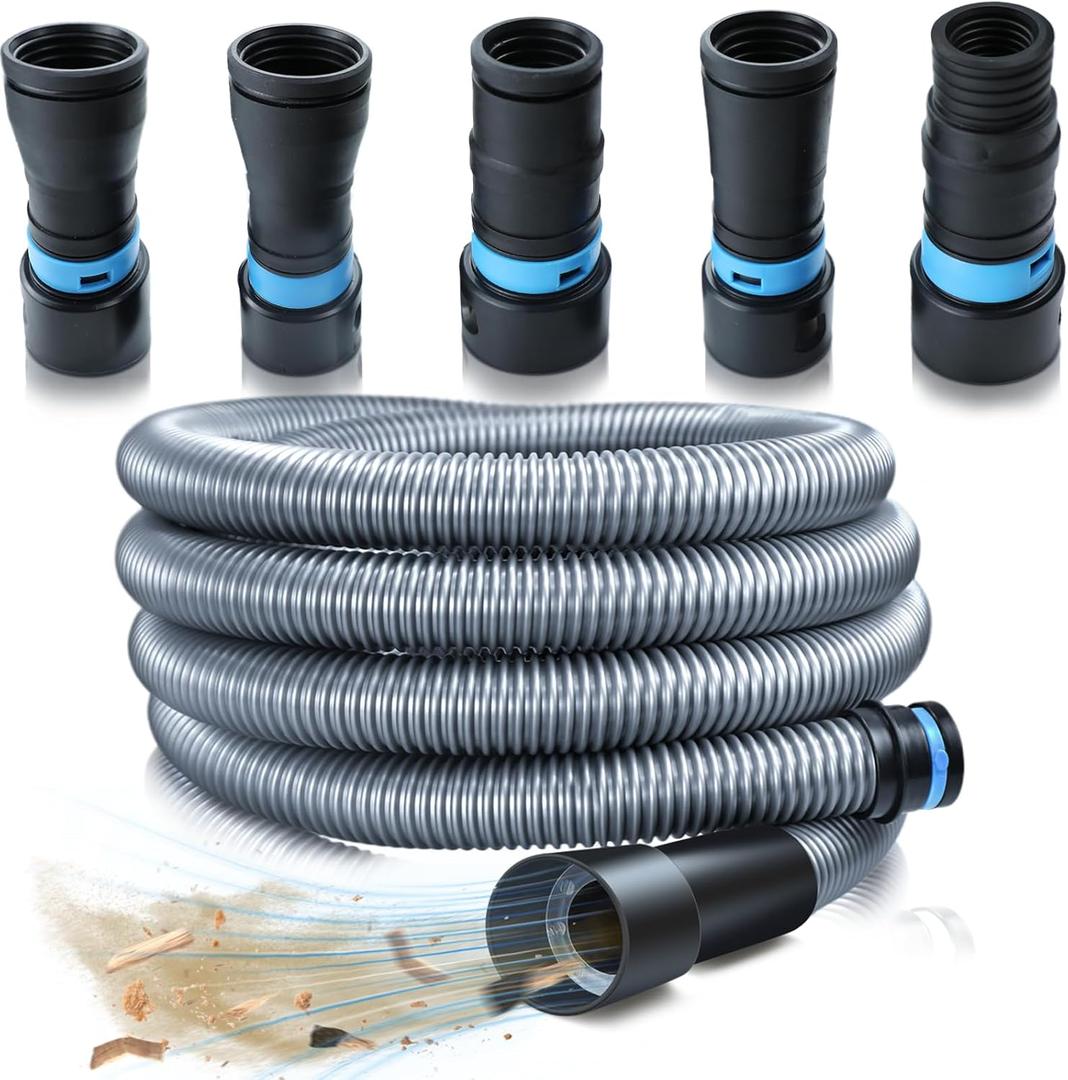 1 1/4 Inch x 12 Feet Dust Collection Hose Kit for Home and Shop Vacuums System with 5 Adapters of Woodworking Power Tool and Sander, Compatible with Multi-Brands, Silver Gray Vacuum Hose