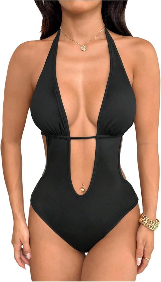 GORGLITTER Women's Deep V Neck Halter Bodysuit Cut Out Tie Backless Sleeveless Party Leotard Tops (Medium, Black)