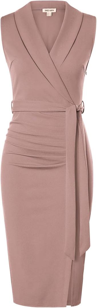 GRACE KARIN Women's Wear to Work Sleeveless Ruched Bodycon Office Pencil Midi Dresses with Belt, Size 8