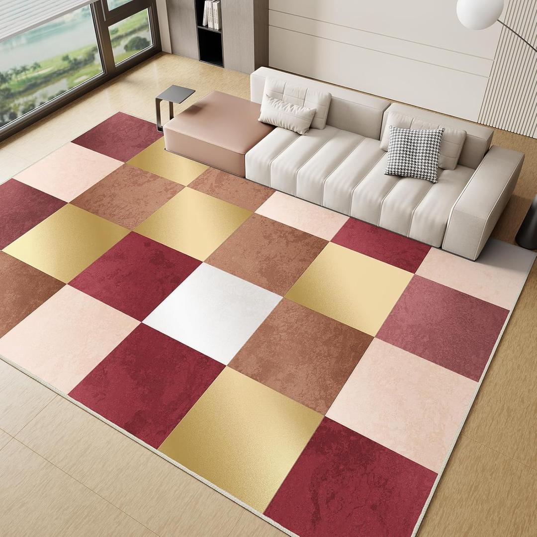 GEMBED Modern Area Rug - Geometric Rug for Bedroom Living Room, Machine Washable Rug Soft Non Slip Non Shedding, Checkered Rugs for Teen Dorm Home Decor Aesthetic, Nursery, Playroom, Red Gold, 10'x14'