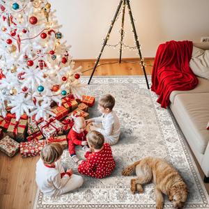 4x5 Living Room Area Rugs: Washable Farmhouse Bedside Rugs Non Slip Low Pile Vintage Small Carpet for Kitchen Bedroom Non-Shedding Printed Floor Mat for Nursery Room Office Dining Room(4x5Beige)