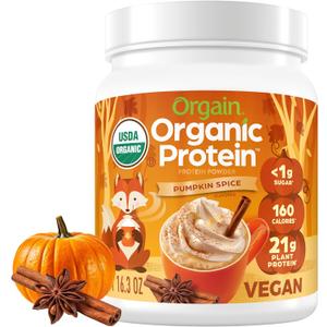 Orgain Organic Vegan Protein Powder, Pumpkin Spice Seasonal Flavor - 21g of Plant Protein, 5g Prebiotic Fiber, No Lactose Ingredients, No Added Sugar, Non-GMO, For Shakes & Smoothies, 1.02 lb, EXP: 04/11/2027