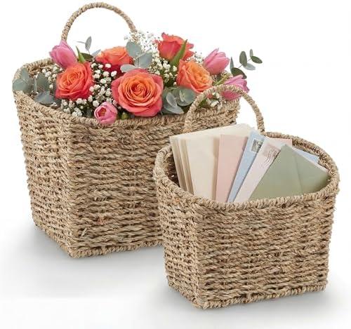 Set of 2 Wicker Hanging Basket for Organizing, Front Door, Mail, Flowers - Woven Wall Baskets for Storage (Seagrass)