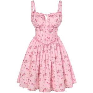 Scarlet Darkness Floral Corset Dress for Women 2026 Summer Sundress Lace Up Mini Milkmaid Dresses with Pockets M