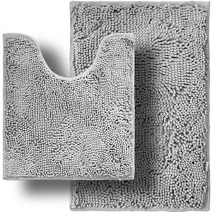 Bathroom Rugs Sets 2 Piece, Super Absorbent Soft, Thick, Machine Washable Chenille Bath Mat, Non Slip Toilet Floor Rug,nBath Mats for Bathroom, 20x32 Plus 20x20 U Shape, Light Grey