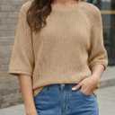 Saodimallsu Womens Short Sleeve Sweaters Crochet Knit Casual Crew Neck Lightweight Summer Trendy Sweater Tops (Beige, L)