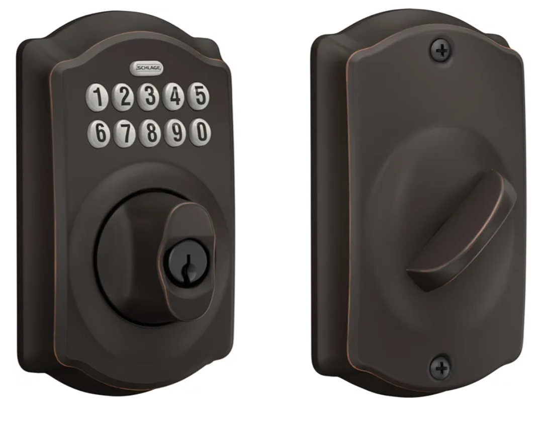 Schlage Camelot Electronic Keypad Deadbolt Lock, Keyless Front Door Entry, Mechanical Key Backup Included, Aged Bronze, BE365 V CAM 716