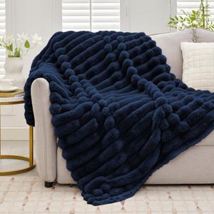 Cozy Soft Faux Fur Throw Blanket, Warm Thick Fluffy Blanket - 800GSM, Fuzzy & Plush Striped Fur Throw for Couch & Bed Home Decor, 50"x60", Navy Blue