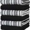 Popcorn Stripe Cotton Kitchen Towels - 6 Pack | 16'x26' | Highly Absorbent 400 GSM | Black