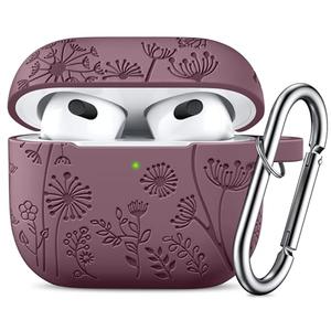 Lerobo for AirPods 3rd Generation Case Cover,Stylish Flower Engraved Compatible with Apple AirPods 3 Case Cover Cute for Women Men,Soft Silicone Protector with Keychain, Front LED Visible,Smokey Mauve