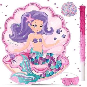 Seashell Piñata for Mermaid Birthday Party Girl, Sea Theme Piñata with Stick, Blindfold and Confetti for Mermaid Birthday Decorations Supplies