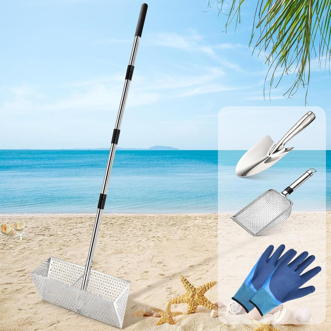 Sand Flea Rake, Stainless Steel Sand Sifter, Shark Tooth Sifter with A 16-Inch Wide Drain Screen for Finding Fleas,Shells and Shark Teeth
