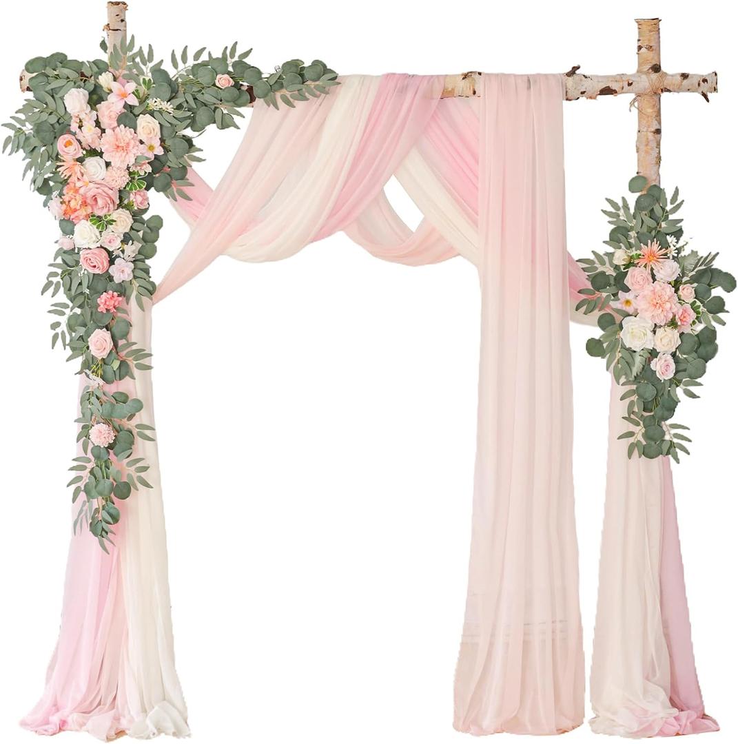 Deluxe Pink Artificial Wedding Arch Flowers with Drapes Kit-Pack of 5, 2pcs Flower Arrangements 3pcs Hanging Sheer Drapes Blue Ceremony Arbor Reception Backdrop Rose Floral Decorations. (Romantic Pink)