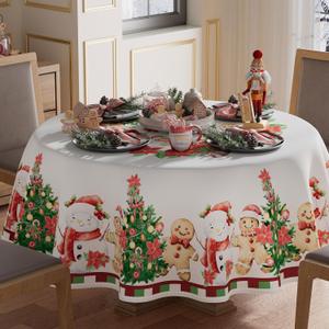 XCHI Plaid Winter Snowman Gingerbread Man Christmas Tree Tablecloth Round Christmas Table Cloth Washable Table Coversfor Indoor Dining Home Party Xmas Decorations 70x70 Inch