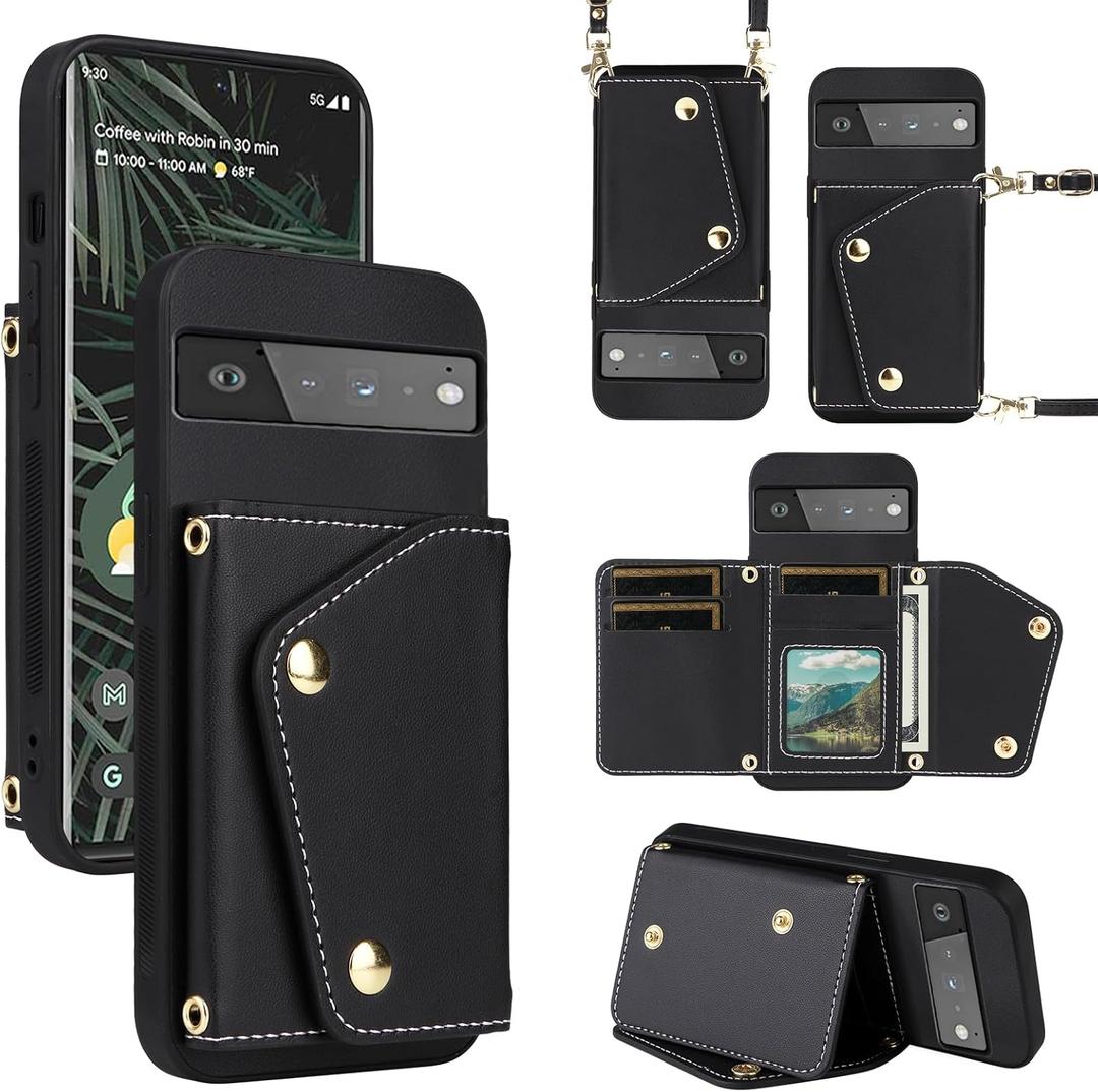 Luxury Wallet Case for Google Pixel 6 Pro with 5 Card Slots Thin Slim Flip Purse & Shoulder Strap,Credit Card Holder Stand Phone Cover for Pixel6Pro Pixel6 XL 6XL Pixle 6Pro 5G Black