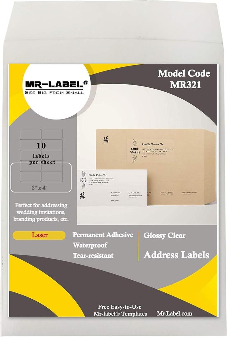 Mr-Label 2" x 4" Glossy Crystal Clear Address Labels - Waterproof and Tear-Resistant - for Laser Printer Only - Permanent Adhesive - for Glass Bottle | Envelope (250 Labels)