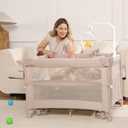 4 in 1 Pack and Play, Portable Travel Baby Bassinet, Foldable Travel Playard Playpen for Toddler, Bedside Crib Sleeper, Diaper Changer Table, Baby Playard for Newborn (Champagne)