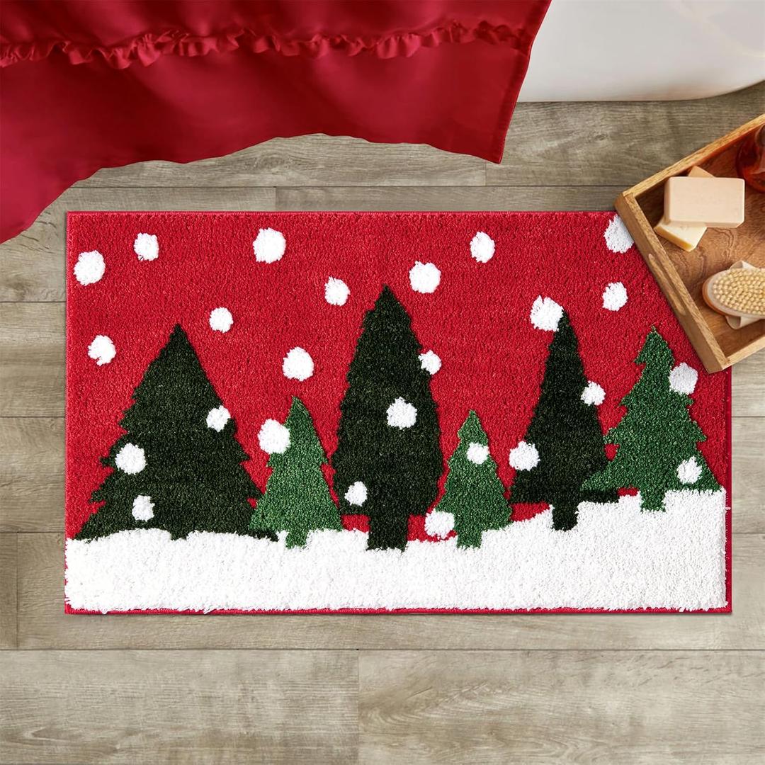 RoomTalks Cute Christmas Tree Bath Mat Non Slip Washable, 16x24 Vintage Country Festive Red Winter Snowflake Woodland Pine Tree Xmas Snow Bath Rugs Mat for Bathroom Christmas
